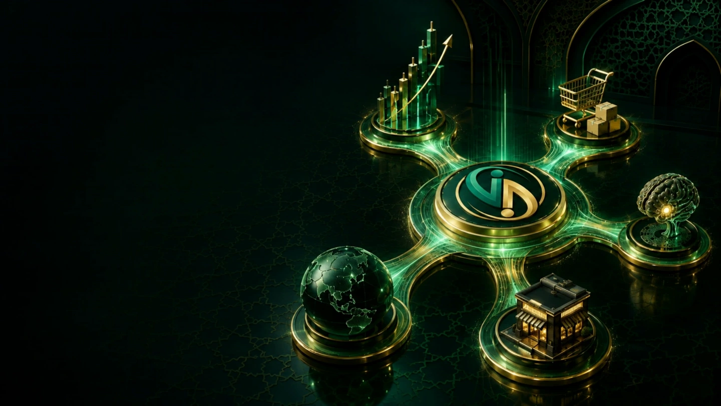 The five Shariah Investments Global income paths — stock trading, Amazon FBA, AI, global sourcing and the GTN franchise — connected to a central hub.